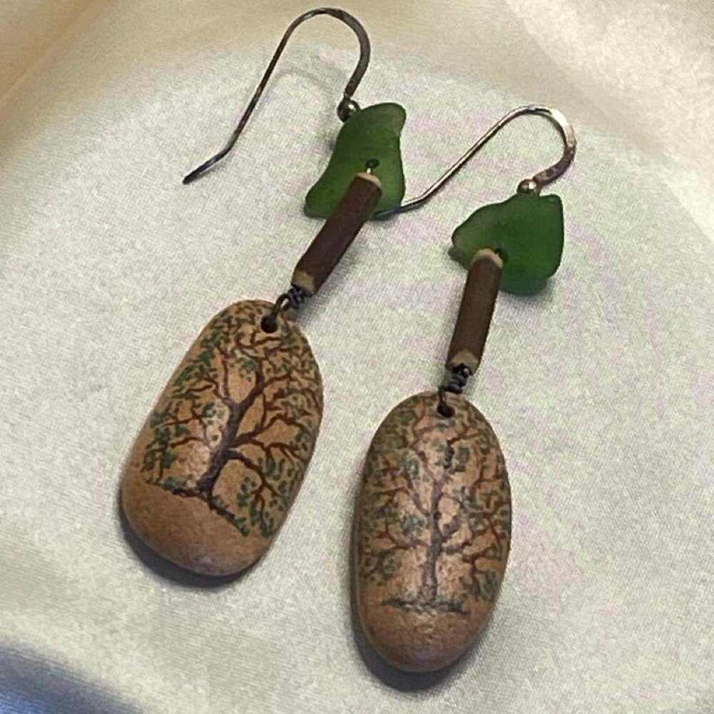 Vintage 925 Sterling Silver Tree of Life Stone Dangle Earrings Woodland
